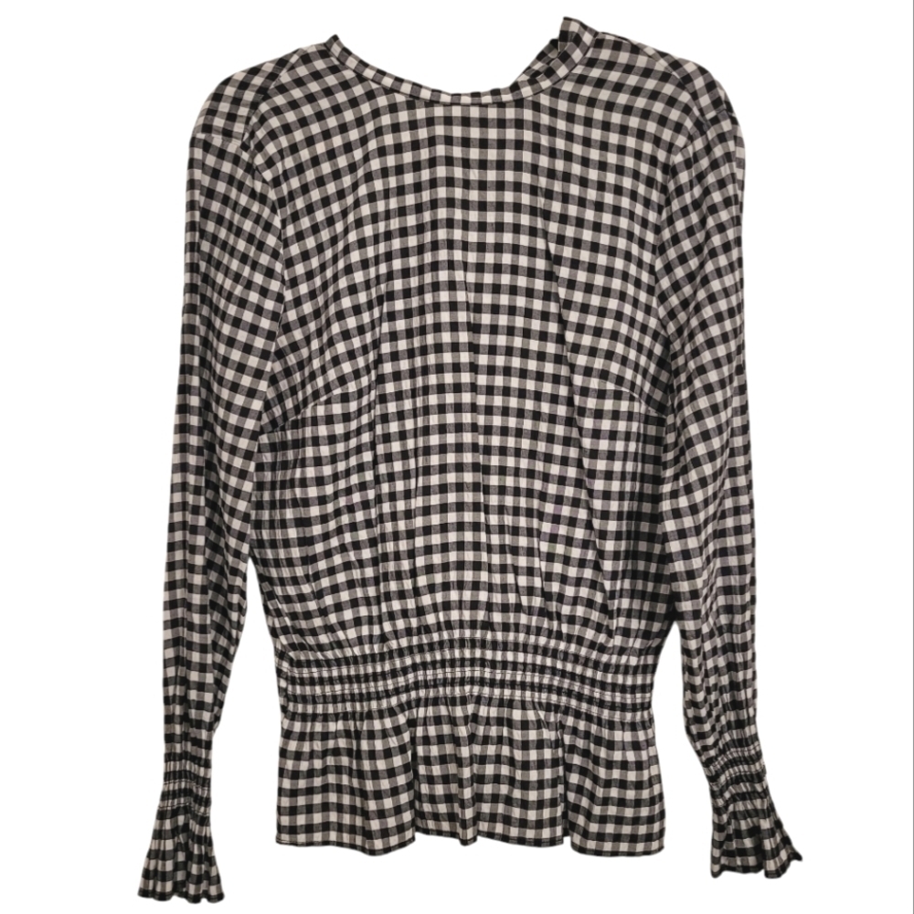 H&M Women's 12 black white gingham V tie back long sleeve blouse top casual